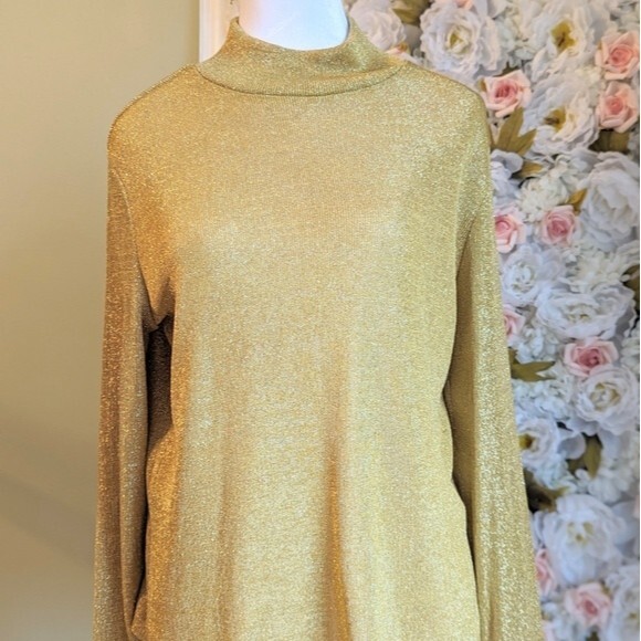 Bardinella Designs Vintage 80s Gold Sparkly Glitter Mock Neck Blouse Size Large - Picture 2 of 6